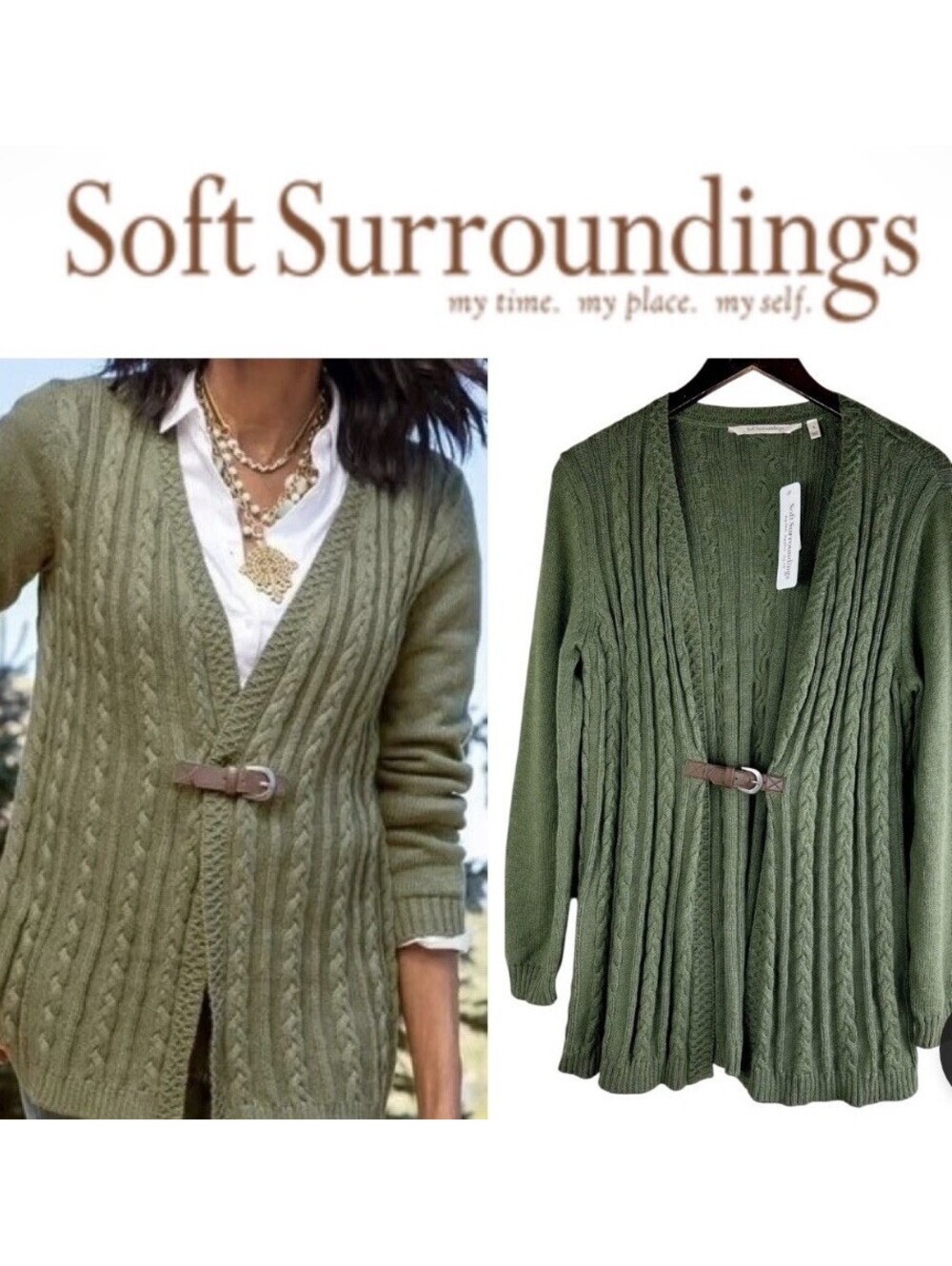 Soft Surroundings Large Wren Cable Knit Cardigan Sweater Olive Wool Cotton Blend